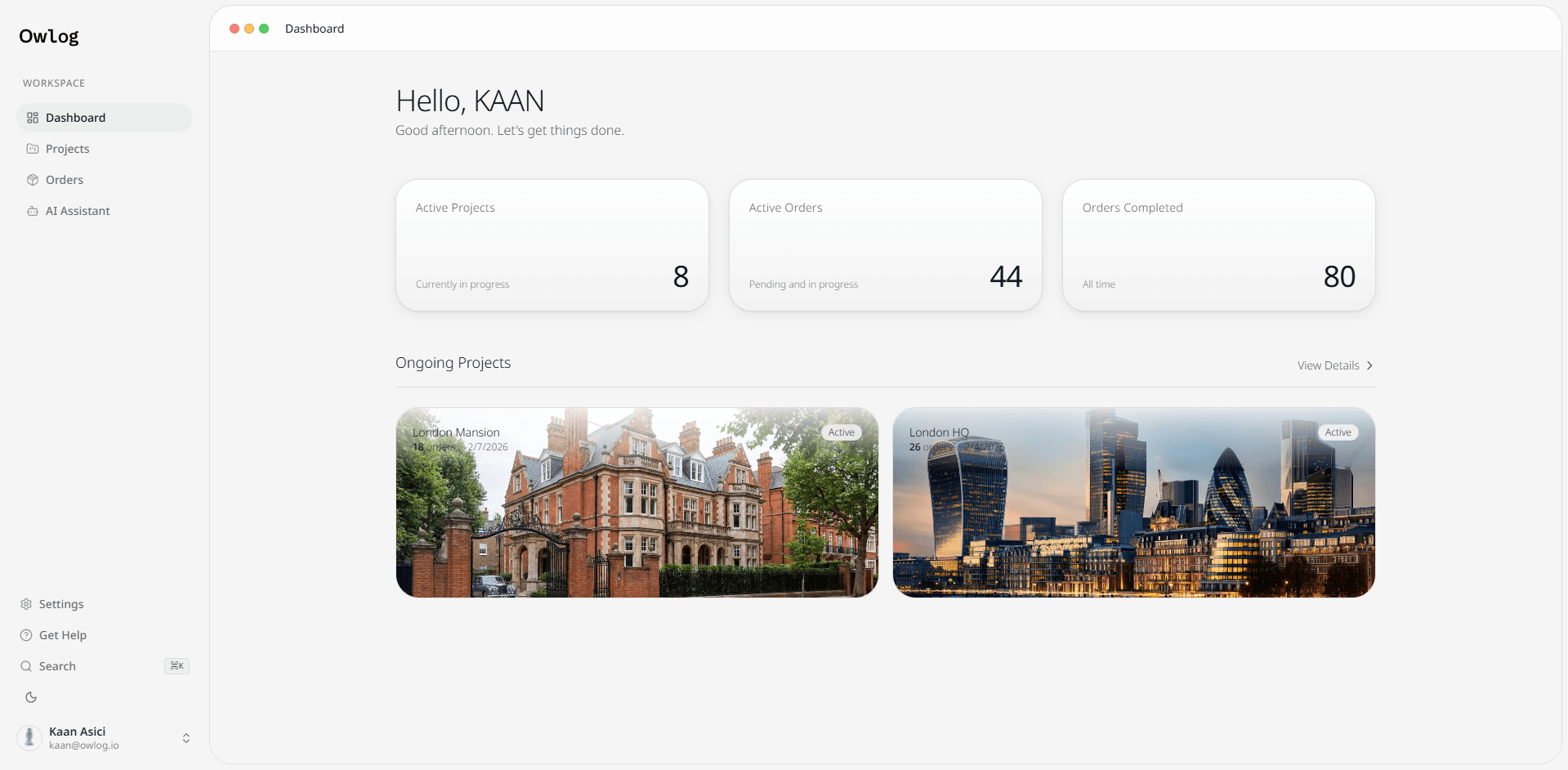 Owlog dashboard — order tracking for construction teams